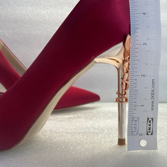 Red Satin Big Tree Heels Pointy Toe with Rose Gold Embellished Heels 👠 Size8.5 - Picture 4 of 9